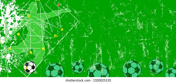 Soccer or football design template, banner or background, w. tactics diagram, soccer player,soccer balls, grunge style