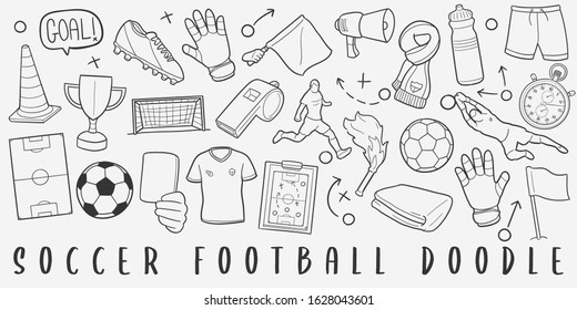 Soccer and Football Doodle Line Art Illustration. Hand Drawn Vector Clip Art. Banner Set Logos.