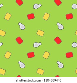 soccer or football elements yellow cards,red cards,whistle cartoon object seamless pattern on dark green background. vector illustrator