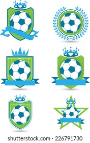 Soccer football emblem, with six green and light blue emblems, some with banner, some with crowns and laurel vector illustration.