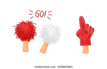 Soccer football fan attributes set. Hands holding red and white fan objects cartoon vector illustration