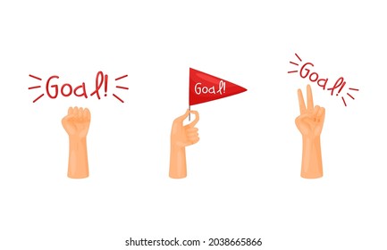 Soccer football fan attributes set. Hands crossing fingers wishing for good luck cartoon vector illustration