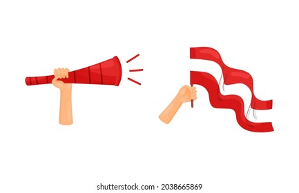 Soccer football fan attributes set. Hands holding red white bullhorn and flag cartoon vector illustration