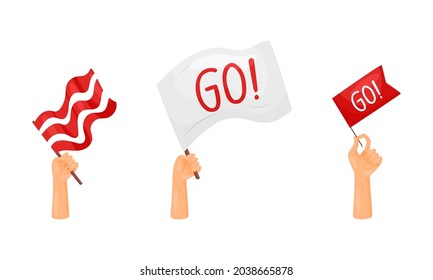 Soccer football fan attributes set. Hands holding red and white flags cartoon vector illustration