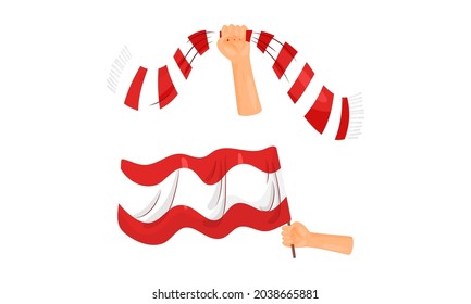 Soccer football fan attributes set. Hands holding red and white scarf and flag cartoon vector illustration