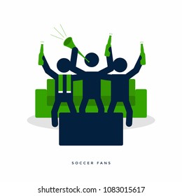 Soccer or football fans with beer bottle cheer for their team on sofa. vector