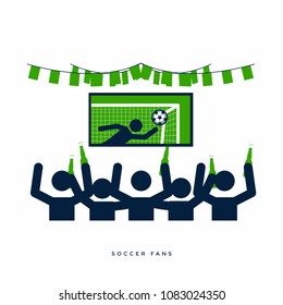 Soccer or football fans with beer bottle watching live football on TV and cheer for their team in the bar. vector