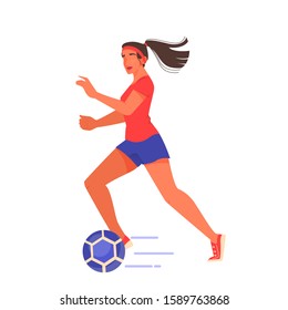 Soccer or football female player running with ball. Female athlete. Young professional sportswoman training. Championship league. Isolated vector illustration in cartoon style
