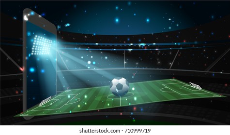 soccer football field and ball with spotlight from screen of smart phone and abstract glitter light on soccer stadium,soccer sport vector background concept