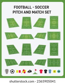 Soccer or football field in different positions, set, vector illustration football match set. Rectangular green stadium ground, top and side view icon