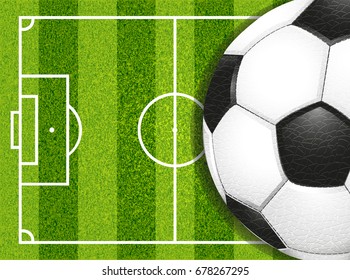 Soccer football field and leather ball. Vector illustration