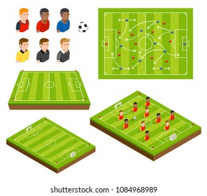 Soccer football field and soccer player isometric icons. Vector illustrations.