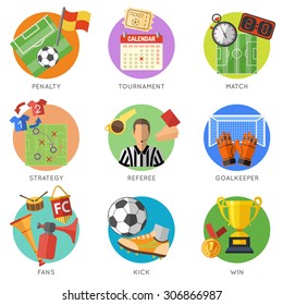 Soccer and Football Flat Icon Set for Flyer, Poster, Web Site like Referee, Ball and Trophy.