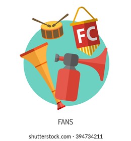 Soccer and Football Flat Icon Set for Flyer, Poster, Web Site like Fan, Vuvuzela and Drum.