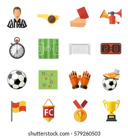 Soccer and Football Flat Icon Set with Referee, Ball, stadium and Trophy. isolated vector illustration.