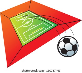 A soccer or football flying out of the stadium.