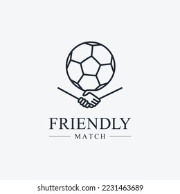 Soccer football friendly match exhibition game logo, icon, sign, symbol, poster design concept. Illustration of football ball with handshake linear style