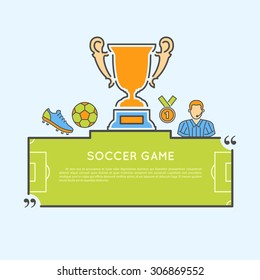 Soccer and Football Game Concept with Thin Lines Color Web Icon Set with Flat Elements for Flyer, Poster like Referee, Ball and Trophy.