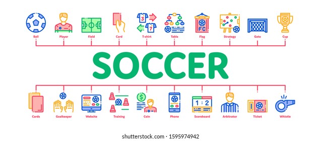 Soccer Football Game Minimal Infographic Web Banner Vector. Soccer Playing Ball, Player And Arbitrator Man Silhouette, Cup And Whistle Concept Illustrations