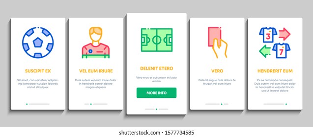 Soccer Football Game Onboarding Mobile App Page Screen. Soccer Playing Ball, Player And Arbitrator Man Silhouette, Cup And Whistle Concept Illustrations