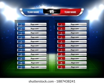 Soccer football game scoreboard realistic template. Football league championship game players list, soccer pitch and stadium spotlights 3d vector. Sport tournament team composition information board