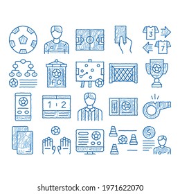 Soccer Football Game sketch icon vector. Hand drawn blue doodle line art Soccer Playing Ball, Player And Arbitrator Man Silhouette, Cup And Whistle Illustrations