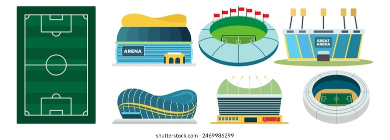 Soccer or football game stadium championship fan set. Team t-shirt, scarf, whistle, ball, goal, tournament cup, foam hand, trumpet, hat. Competition match attributes flat vector illustration