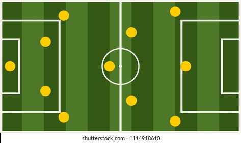 Soccer or football game strategy plan. Flat striped green field. Sport info graphics element.