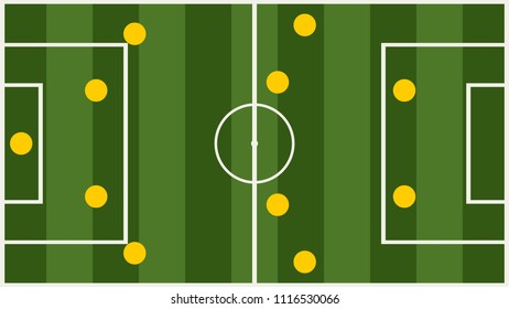 Soccer or football game strategy plan. Flat striped green field. Sport info graphics element.