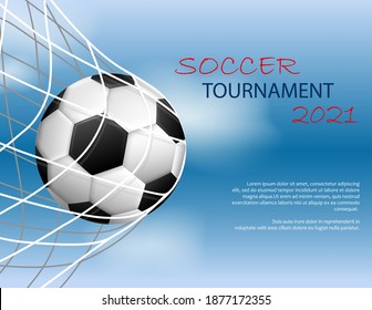 Soccer or football game tournament concept. Design of banner for sport events. Template of advertising for championship of soccer.