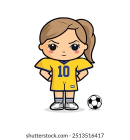 Soccer football girl Cartoon Vector character Illustration with yellow shirt, confident soccer player mascot Premium Vector, Flat Cartoon Style on white background.