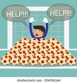 Soccer football goalkeeper in action with many balls and help in speech balloon