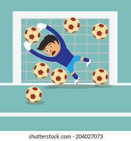 Soccer football goalkeeper in action with seven balls