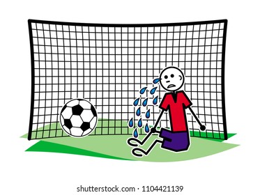 A soccer (football) goalkeeper crying at the gate after a missed goal. Cartoon funny drawing. Vector graphics.