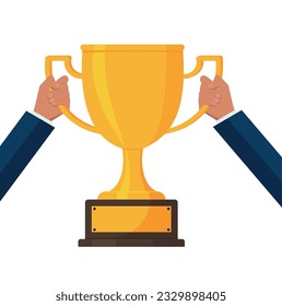 Soccer football gold trophy for winner. hands holding gold winners cup. vector illustration