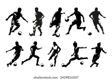 Soccer, football, group of men and women playing football, set of isolated vector silhouettes, team sport athletes