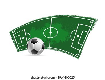 Soccer football grungy vector icon. Soccer ball, playing field or pitch with green paint brushstrokes edges. Team sport championship, football league tournament or competition game grunge background