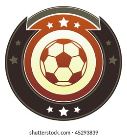 Soccer or football icon on round red and brown imperial vector button with star accents