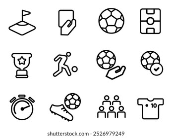 Soccer football icon set collection sport field match statistics goal possession corner ball possession penalty shirt time corner training