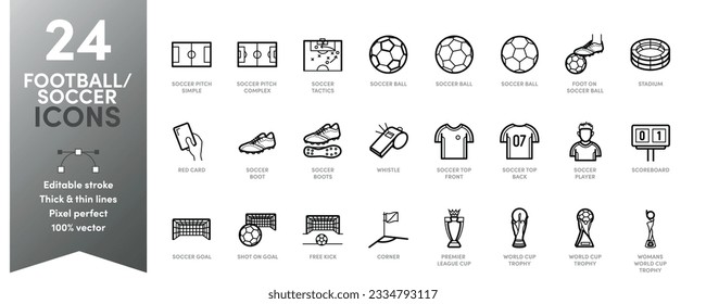 Fußball-Symbol-Set. Dick und dünn Linie, hochwertige einzigartige Symbole mit bearbeitbarem Strich.