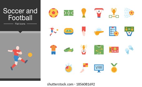 Soccer and football icons. Flat design. For presentation, graphic design, mobile application or UI. Vector illustration.
