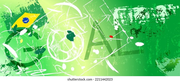 soccer or football illustration for the great soccer event with soccer ball, brazilian flag, soccer field, grungy style