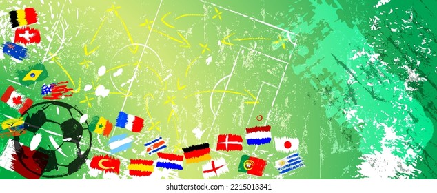 soccer or football illustration for the great soccer event with flags, field, paint strokes and splashes