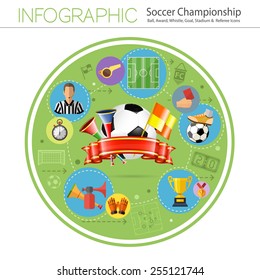 Soccer and Football Infographics in Realistic 3D and Flat Style with Ball, Flag and Referee Icons. Vector Illustration.