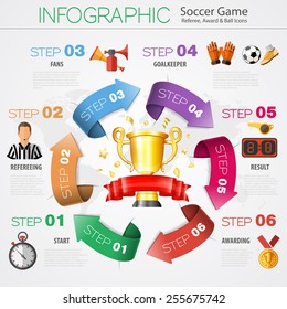 Soccer and Football Infographics in Realistic 3D and Flat Style with Award, Ball and Referee Icons. Vector Illustration.