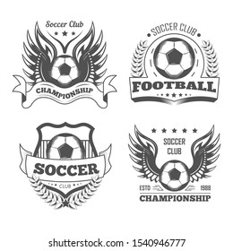 Soccer and football isolated icons, team logo or championship emblems, T-shirt print vector. Sport and tournament, ball and wings. Laurel wreath and shield, sporting equipment and competition