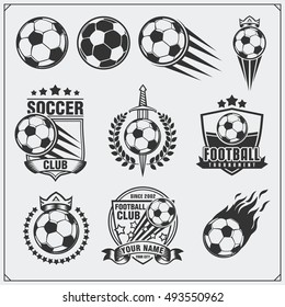 Soccer Football labels, emblems and design elements. Vector set. Monochrome design.