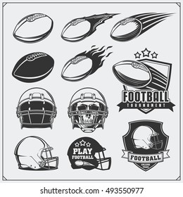 Soccer Football labels, emblems and design elements. Balls and helmets. Vector set. Monochrome design.