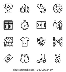 Soccer or football line icon set. score, kick, winning, ticket, win, stadium, victory, award, goal, player, stroke, uniform, lined, strategy, change, shirt, team, club, outline, play