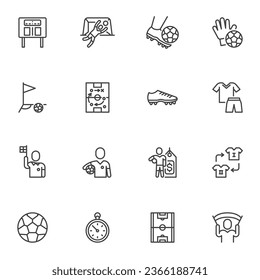 Soccer or Football line icons set, outline vector symbol collection, linear style pictogram pack. Signs, logo illustration. Set includes icons as game tactics, referee, soccer ball, goalkeeper player